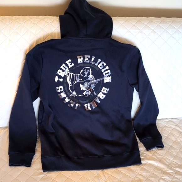 NWT True Religion Blue Large Zip Up Draw String Hoodie - Picture 8 of 9
